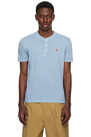 POLO RALPH LAUREN ★ スラブ ジャージー ヘンリーネック シャツ Polo Ralph Lauren: ブルー スラブ ジャージ 半袖 ヘンリー