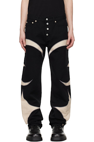 Thug Club: ブラック&ホワイト TC Leather デニム ジーンズ Thug Club: ブラック&ホワイト TC Leather デニム ジーンズ