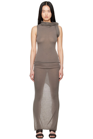 VIP【送料関税込】RICK OWENS BANDED T WOOL LONG DRESS Gray Hollywood Banded T Maxi Dress by Rick Owens on Sale
