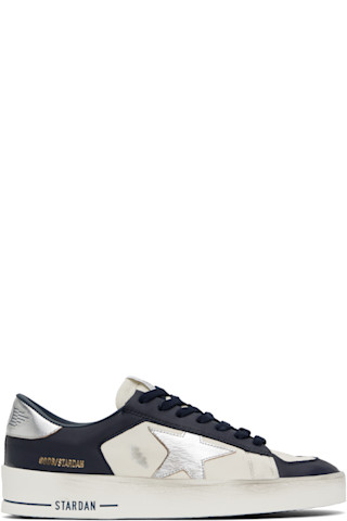 ★Golden ★ Stardan Silvertab Sneakers Optic White Navy Golden Goose: Navy & White Stardan Sneakers | SSENSE