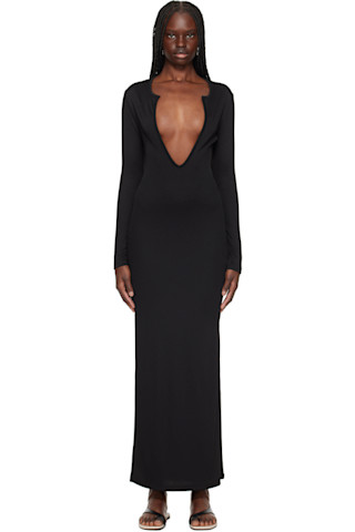 Black Concave Long Sleeve Rib Maxi Dress by Christopher Esber on Sale