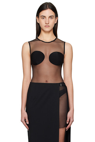 【関税込み】Nensi Dojaka ブラック カットアウト ボディスーツ Nensi Dojakaのブラック Padded Bra Sleeveless Sheer ボディ