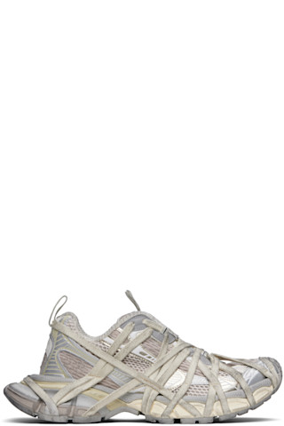 Balenciaga: グレー&オフホワイト 3XL Fishnet スニーカー Balenciaga: グレー&オフホワイト 3XL Fishnet スニーカー