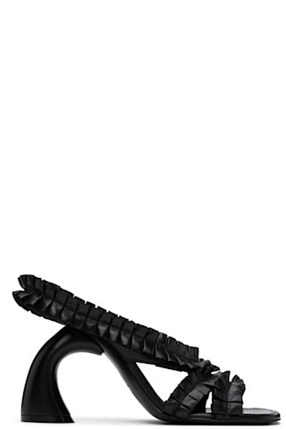 Dries Van Noten★フリルサンダル スリッポン レザーインソール Dries Van Noten: ブラック フリル レザー ヒールサンダル