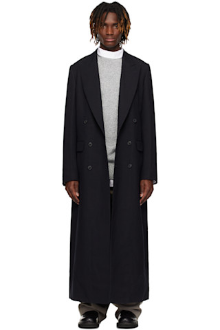 Dries Van Noten 刺繍トリム ダブルブレスト コート ネイビー Dries Van Notenのネイビー ダブルブレスト コートがセール中