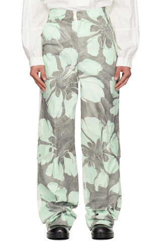 パンツ 23ss DRIES VAN NOTEN Floral Cargo Pants Dries Van Noten: Gray & Green Floral Cargo Pants | SSENSE