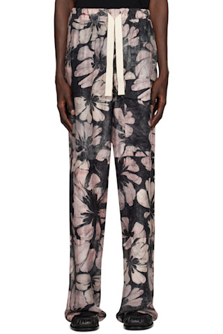 【送料&関税込】Dries Van Noten Pattern Printed Satin Cargo Gray & Pink Silk Drawstring Cargo Pants by Dries Van Noten