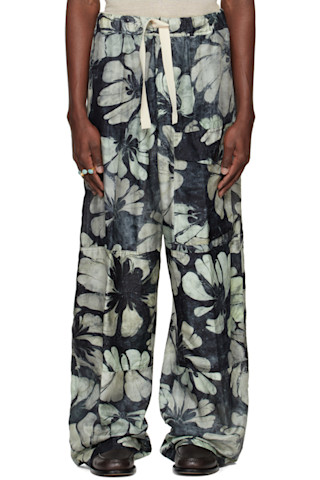 Dries Van Noten: Navy & Green Silk Drawstring Cargo Pants Dries Van Noten: Navy & Green Silk Drawstring Cargo Pants