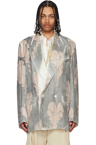 Gray & White Hand Printed Blazer by Dries Van Noten on Sale