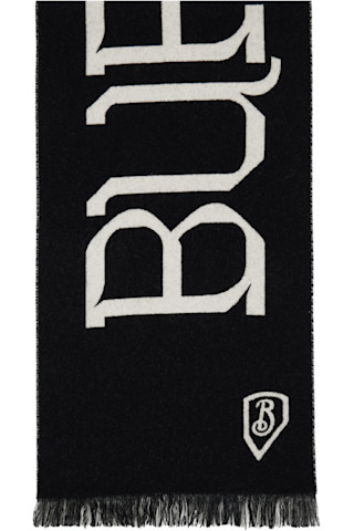BURBERRY ロゴ入りマフラー ブラック/グレー Burberryのブラック&グレー ロゴ ウール マフラーがセール中