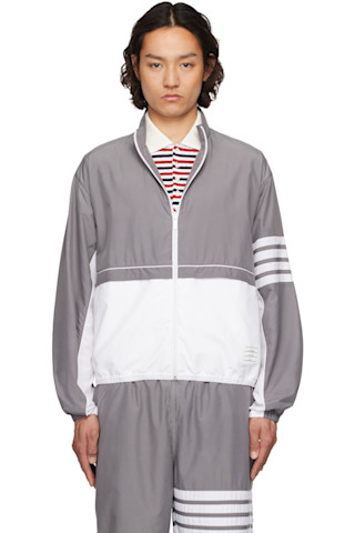 THOM BROWNE☆リップストップ ストライプ ウィンドブレーカー Thom Browneのグレー&ホワイト 4-Bar カラーブロック リップス