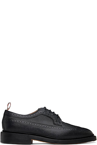 THOM BROWNE 黒 レザー 靴 Black Leather Sole Longwing Derbys by Thom Browne on Sale