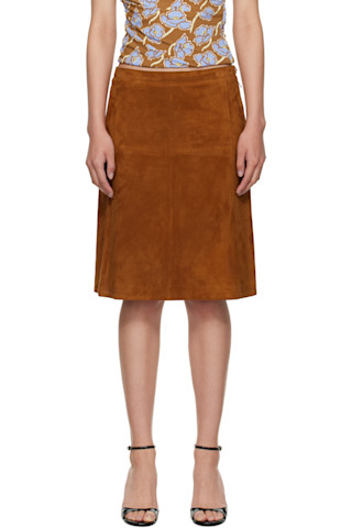 버사체 브라운 스웨이드 미디 스커트