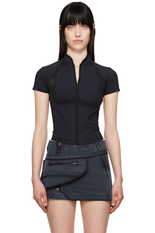 【関税込み】HYEIN SEO ネイビー Slashed ジッパー トップス Navy Slashed Zip T-shirt by HYEIN SEO on Sale