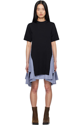 【関税込み】sacai ネイビー Poplin & Knit ミニワンピース sacai: ネイビー&ブルー Cotton Poplin & Knit ミニワンピース