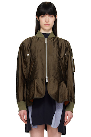 sacaiサカイ★カーキ Quilted Satin ボンバージャケット sacai: Khaki Quilted Satin Bomber Jacket | SSENSE