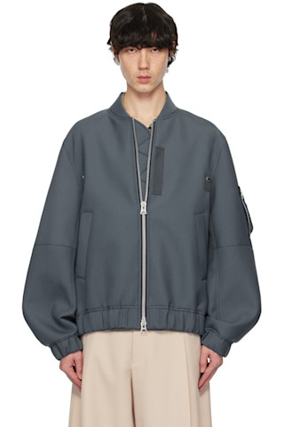 Blue Suiting Bonding Bomber Jacket by sacai on Sale