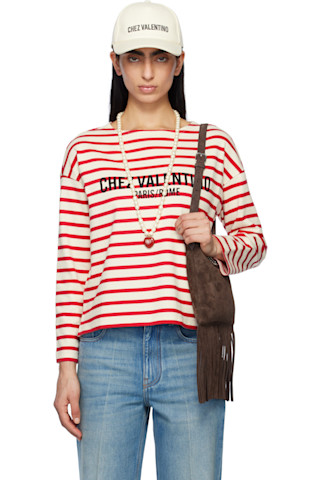【関税込み】Valentino レッド ジャージ コットン Tシャツ Valentino: レッド&オフホワイト ボーダー ジャージ コットン T