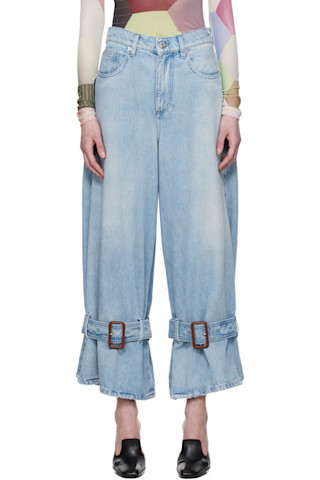 JW Anderson バックルカフワイドレッグデニムパンツ ブルー JW Anderson: ブルー バックル カフ ジーンズ | SSENSE 日本