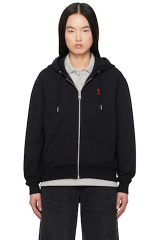 ★【AMI PARIS】★de Coeur Tone-On-Tone Zipped Hoodi.e★ Black Zipped Ami De Coeur Hoodie | AMI PARIS
