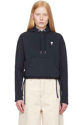 【送料関税込み・本物保証】AMI Coeur Sacre Popover Hoodie Navy Cotton Ami de Coeur Hoodie by AMI Paris on Sale
