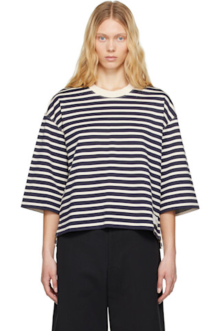 【AMI Paris】ネイビー&オフホワイト ルーズ ボーダー Tシャツ AMI Paris: ネイビー&オフホワイト ルーズ ボーダー Tシャツ