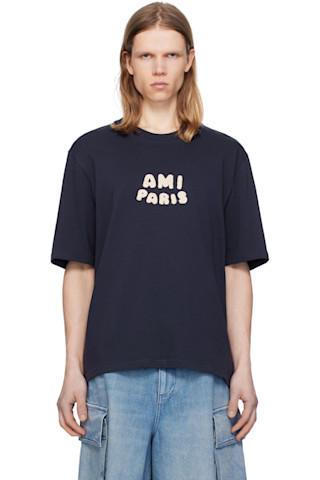 AMI PARIS アミパリス 刺繍Tシャツ ネイビーS ネイビー コットン クロップド Tシャツ ナイトブルー | AMI PARIS