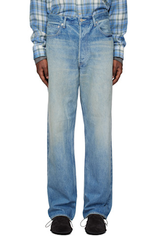 AURALEE: Blue Selvedge Faded Heavy Denim Wide Jeans | SSENSE AURALEE: Blue Selvedge Faded Heavy Denim Wide Jeans | SSENSE