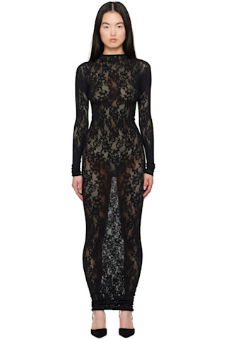 【SKIMS】Knit Lace Mock Neck Dress SKIMS: Black Knit Lace Turtleneck Maxi Dress | SSENSE