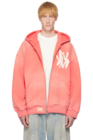 ☆人気☆Painted Logo Dyed Hooded Zip-Up/WOOYOUNGMI☆ Pink Painted Logo Dyed Zip-Up Hoodie by WOOYOUNGMI on Sale