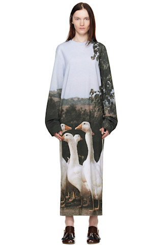 MOSCHINO★ゲットハッピー コットン インターロック ドレス Multicolor Interlock Goose Print Maxi Dress by Moschino on Sale
