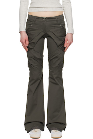 Khaki Gathered Bootcut Trousers by OPEN YY on Sale