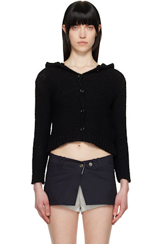 ● OPEN YY ● 25SS HOODED CHUNKY CARDIGAN Black Hooded Chunky Cardigan by OPEN YY on Sale