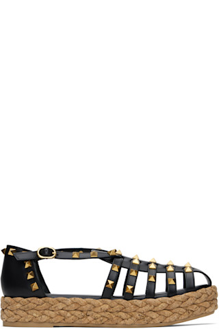 関税送料込【VALENTINO】ブラック Rockstud Cork サンダル Valentino Garavani: Black Rockstud Cork Sandals | SSENSE