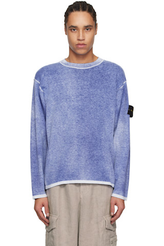Stone Island: Blue Raw Hand Light Organic Cotton Sweater Stone Island: Blue Raw Hand Light Organic Cotton Sweater