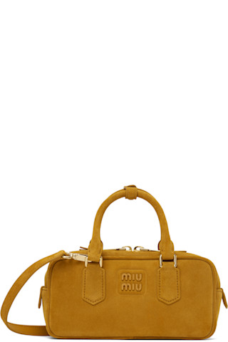 Miu Miu: Tan Arcadie Padded Suede Top-Handle Bag | SSENSE Canada