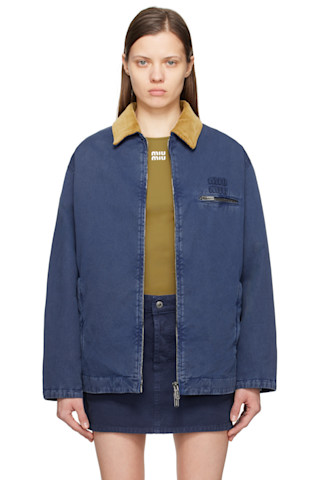 Miu Miu: Navy Embroidered Garment-Dyed Gabardine Jacket | SSENSE