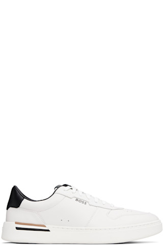 【関税込み】BOSS ホワイト Signature-Stripe レザースニーカー BOSS: ホワイト Signature-Stripe レザースニーカー | SSENSE 日本