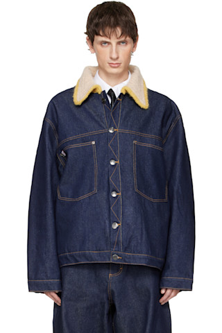 Navy Knitted Collar Denim Jacket by Charles Jeffrey LOVERBOY on Sale