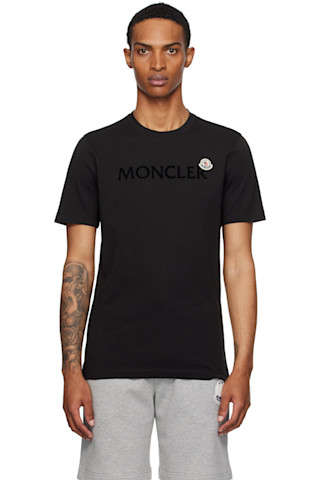 Moncler: ブラック フロックロゴ コットン Tシャツ | SSENSE 日本