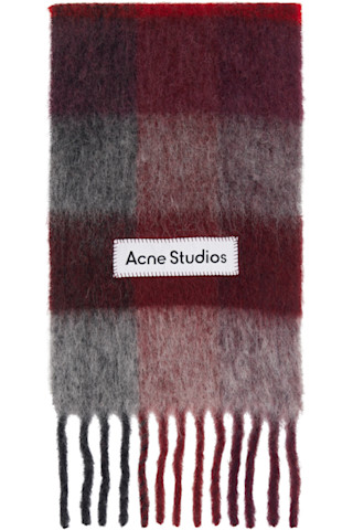 Acne Studios: Red & Gray Check Fringe Scarf | SSENSE