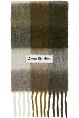 Acne Studiosのカーキ＆オフホワイト ブロックチェック フリンジ