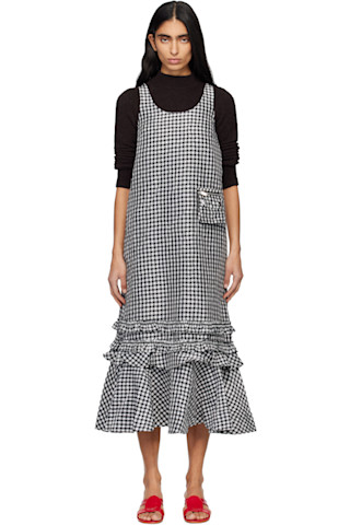 GANNIのブラック＆ホワイト クリンクル チェック ミディアムワンピース