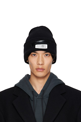 mm6 ビーニー ブラック MM6 Maison Margiela: ブラック Taped Label ウール ビーニー