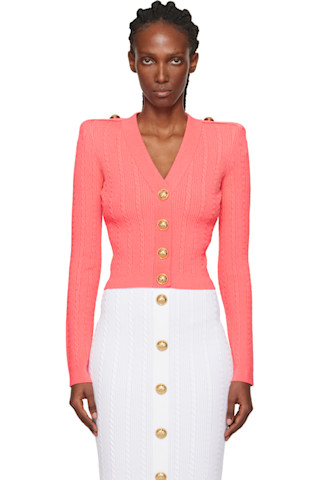 Pink Long-Sleeve Cable-Knit Cardigan by BALMAIN on Sale