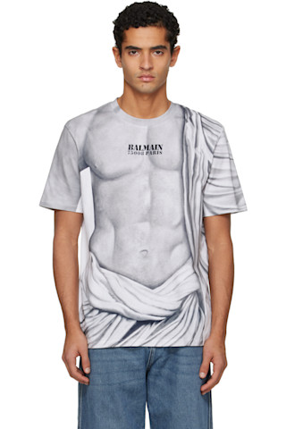 Balmainのグレー Statue プリント ロゴ Tシャツがセール中