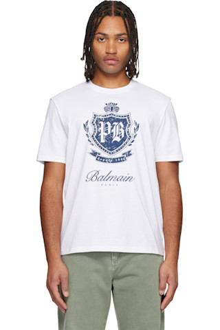 Balmainのホワイト College Emblem 半袖 プリントTシャツがセール中