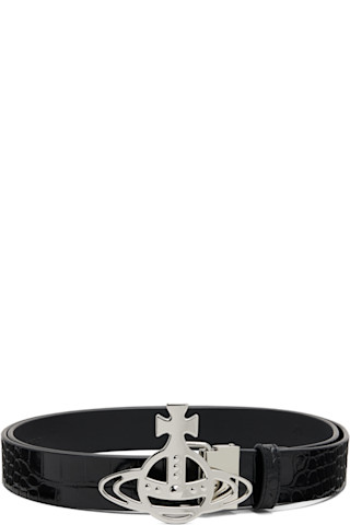Black Croc Leather Line Orb Buckle Belt by Vivienne Westwood on Sale