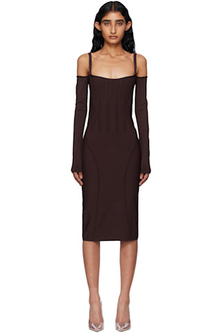 【関税込み】Mugler バーガンディ ニット ミディアムワンピース Mugler: バーガンディ ニット ミディアムワンピース | SSENSE 日本