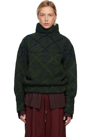 Dries Van Notenのネイビー＆グリーン ジャカード タートルネックが